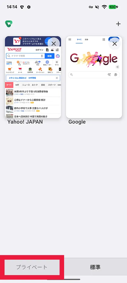 プライベートタブをタップ